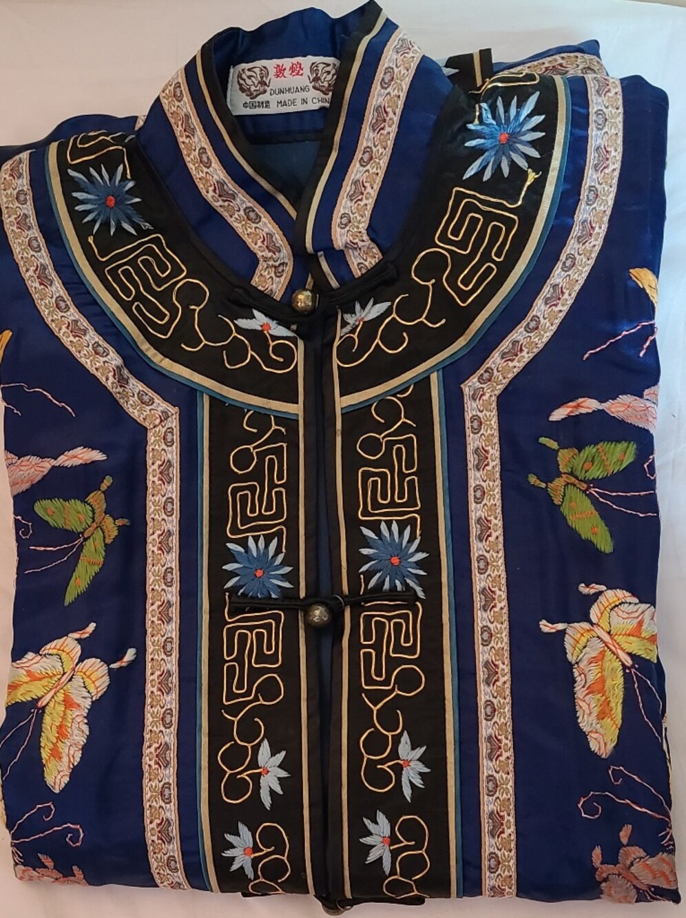 Vintage 70's Dunhuang Embroidered Blue Silk Jacket for Women